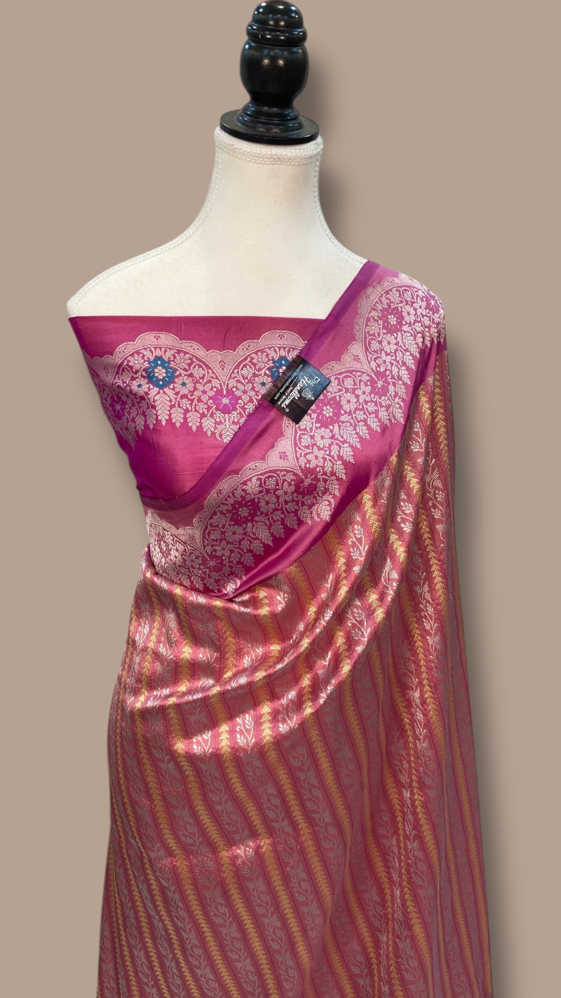 Hot Pink Pure Katan Silk Banarasi Handloom Saree - All over soona roopa Kadua stripe - The Handlooms