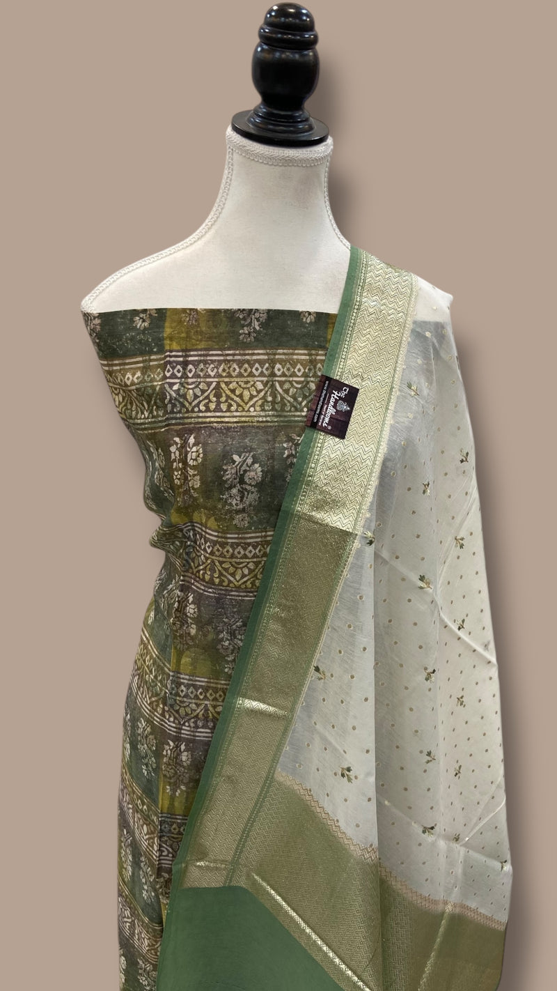 Pure Chanderi Cotton Banarasi Dress material - Chikankari With Organza Dupatta - The Handlooms
