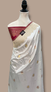 White Pure Katan Silk Banarasi Handloom Saree - All over Kadua motifs With Meenakari - The Handlooms