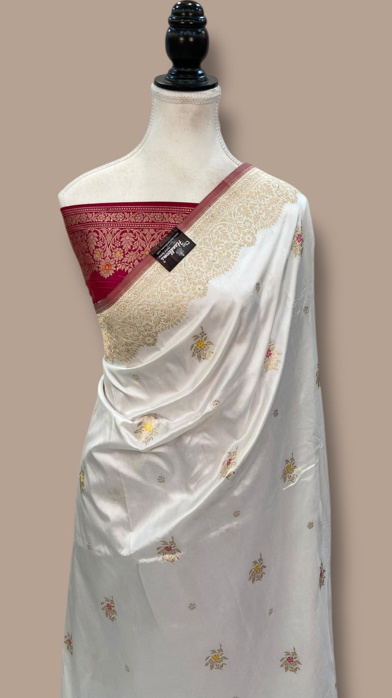White Pure Katan Silk Banarasi Handloom Saree - All over Kadua motifs With Meenakari - The Handlooms