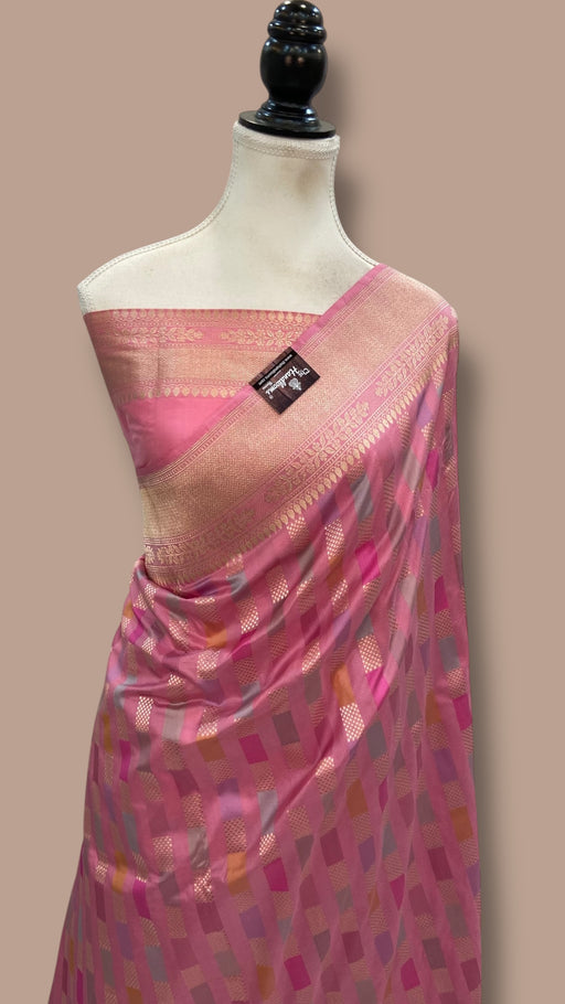 Multicolor Pure Katan Silk Banarasi Handloom Saree - All over Jaal Work With Rangkart - The Handlooms