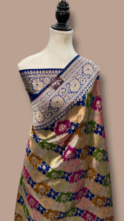 Multicolor Pure Katan Silk Banarasi Handloom Saree - All over Jaal Work With Rangkart - The Handlooms