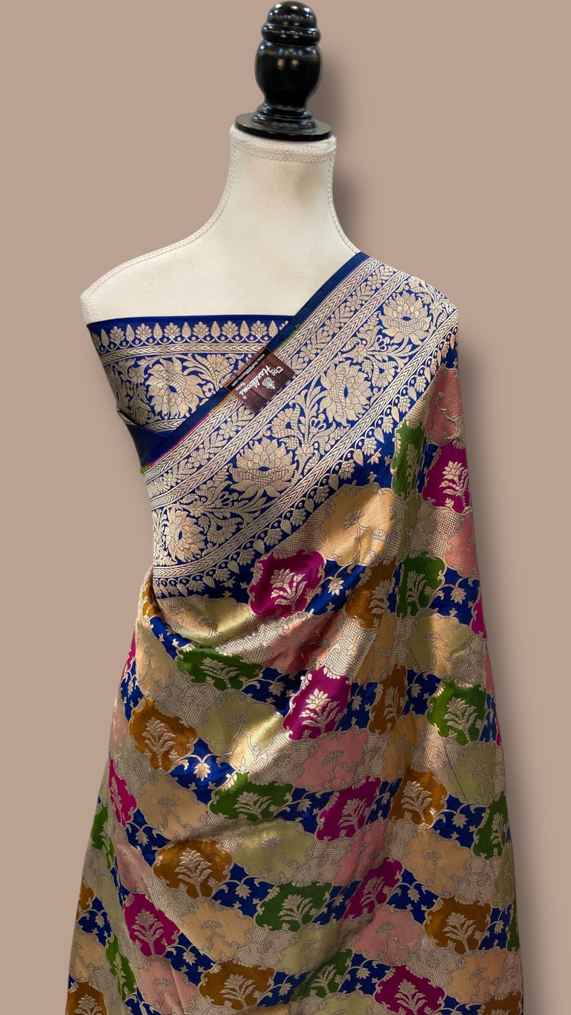 Multicolor Pure Katan Silk Banarasi Handloom Saree - All over Jaal Work With Rangkart - The Handlooms