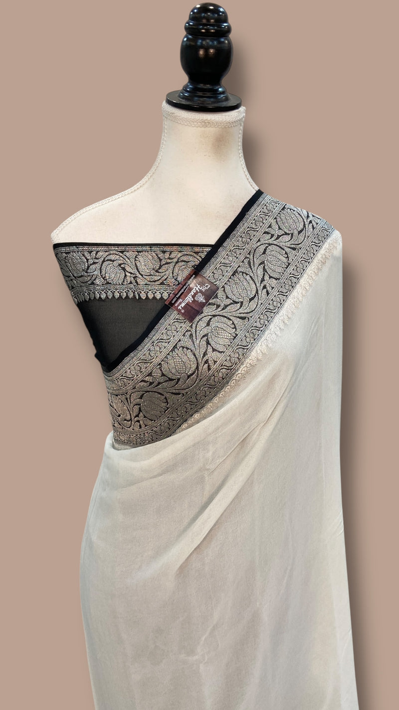 White With Black Pure Georgette Banarasi Handloom Saree - The Handlooms