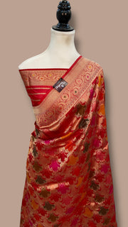 Multicolor Pure Katan Silk Banarasi Handloom Saree - All over Jaal Work With Rangkart - The Handlooms