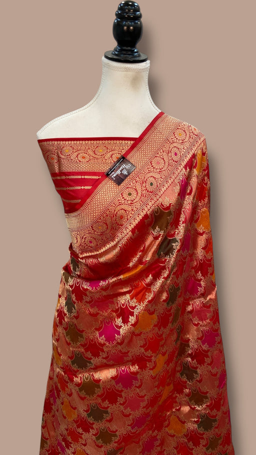 Multicolor Pure Katan Silk Banarasi Handloom Saree - All over Jaal Work With Rangkart - The Handlooms