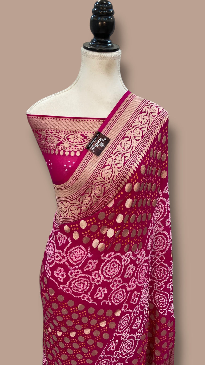 Pure Georgette Banarasi Bandhej Handloom Saree - Water Zari - The Handlooms