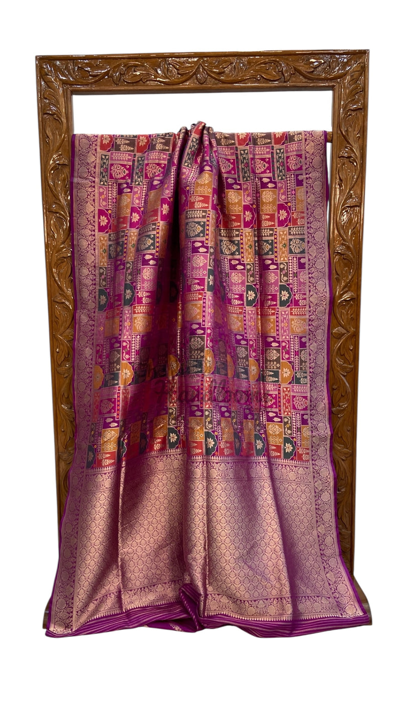 Multicolor Pure Katan Silk Banarasi Handloom Saree - All over Jaal Work With Rangkart - The Handlooms