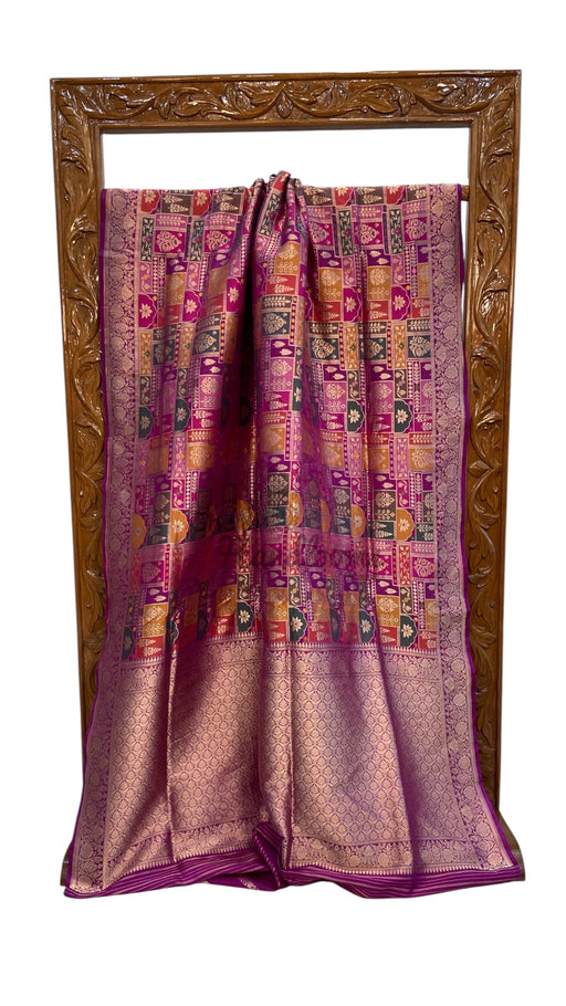 Multicolor Pure Katan Silk Banarasi Handloom Saree - All over Jaal Work With Rangkart - The Handlooms