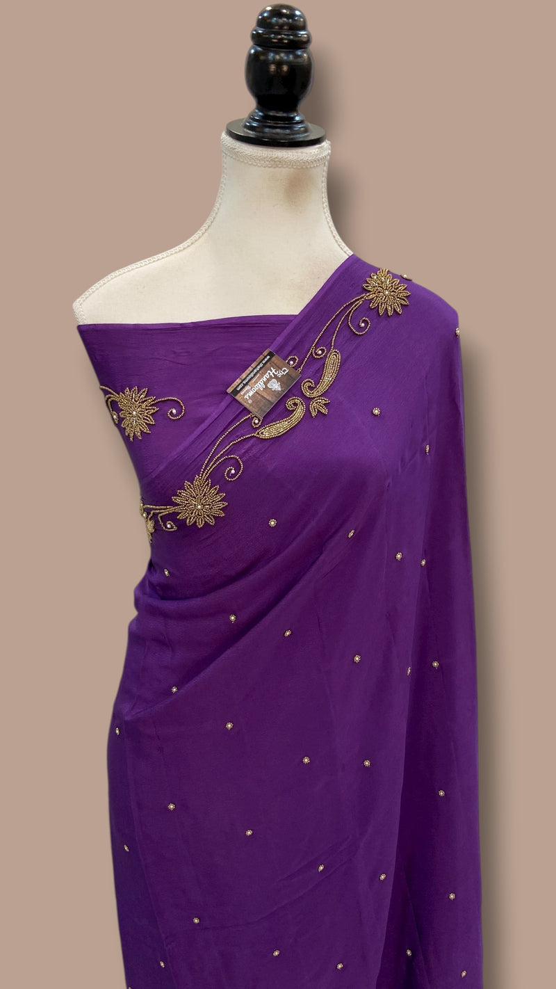 Pure Crepe Silk Handloom Banarasi Saree with Handwork - The Handlooms