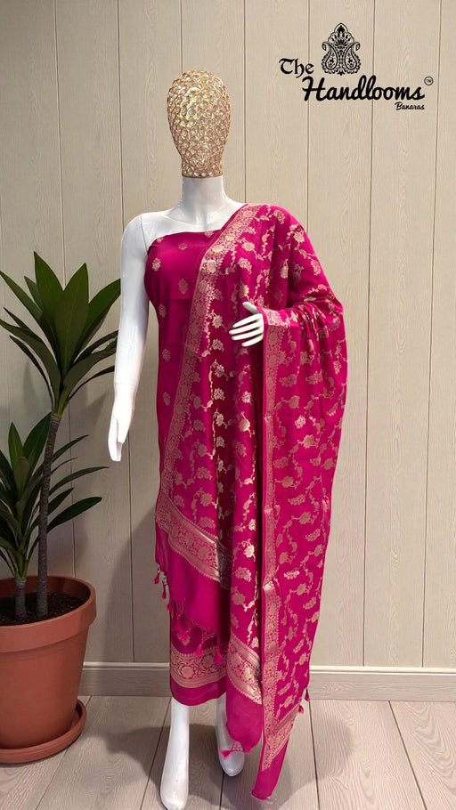 Hot Pink Pure Chiniya Silk Handlooms Banarasi Dress material - The Handlooms