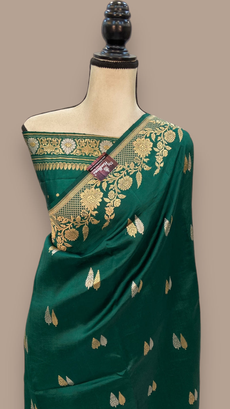Green Pure Katan Silk Banarasi Handloom Saree - All over Kadua motifs - The Handlooms