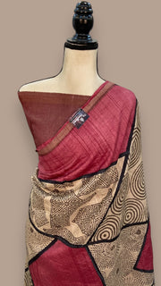 Pure Tussar Silk Handloom Banarasi Saree With Handprints - The Handlooms