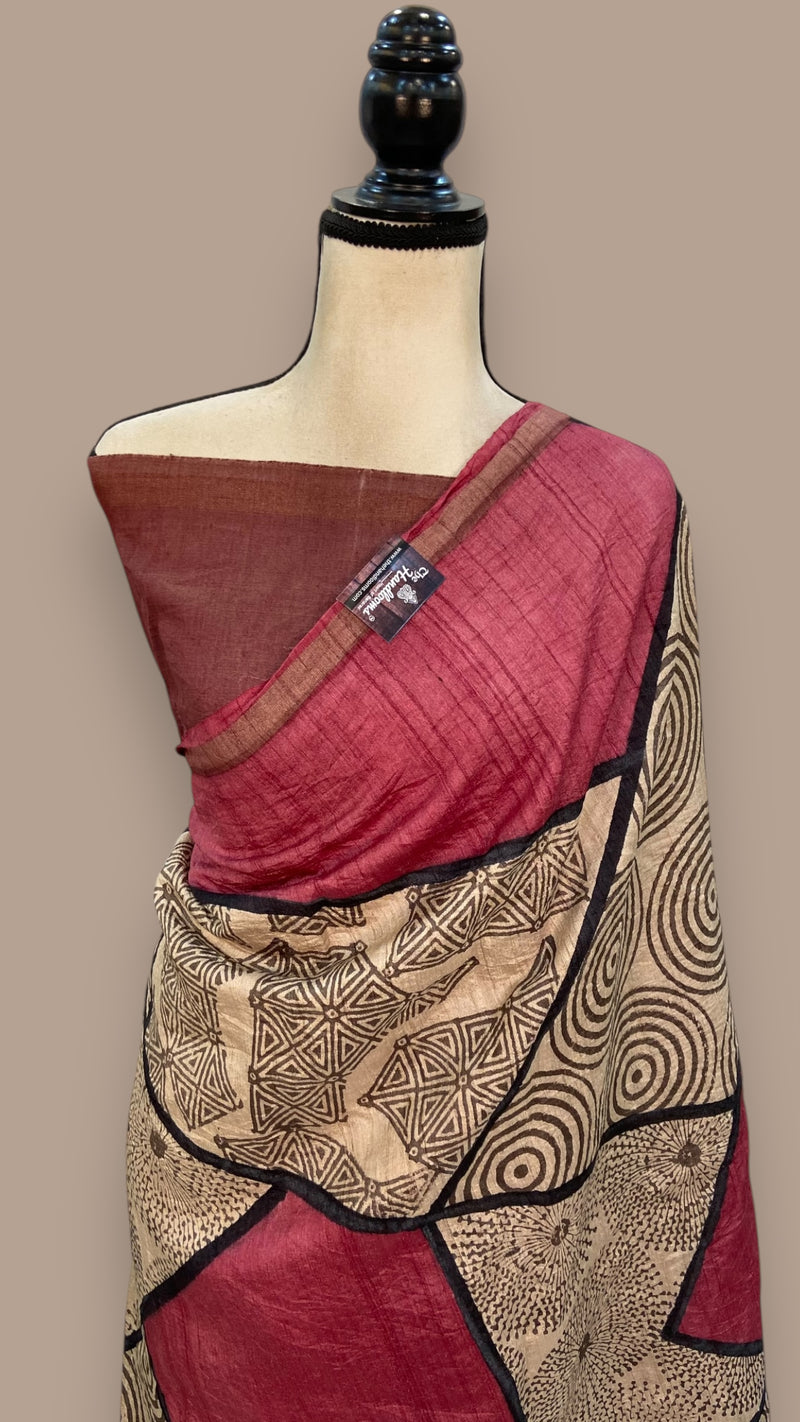 Pure Tussar Silk Handloom Banarasi Saree With Handprints - The Handlooms