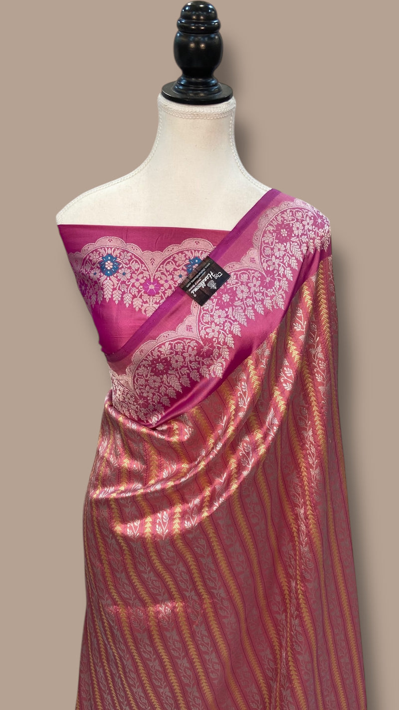Hot Pink Pure Katan Silk Banarasi Handloom Saree - All over soona roopa Kadua stripe - The Handlooms