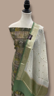 Pure Chanderi Cotton Banarasi Dress material - Chikankari With Organza Dupatta - The Handlooms