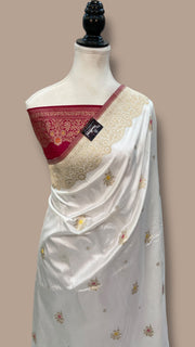 White Pure Katan Silk Banarasi Handloom Saree - All over Kadua motifs With Meenakari - The Handlooms