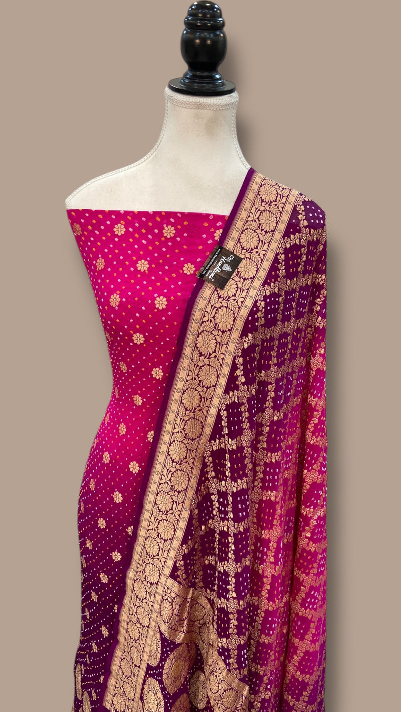 Pure Khaddi Georgette Bandhej Banarasi Dress material - The Handlooms