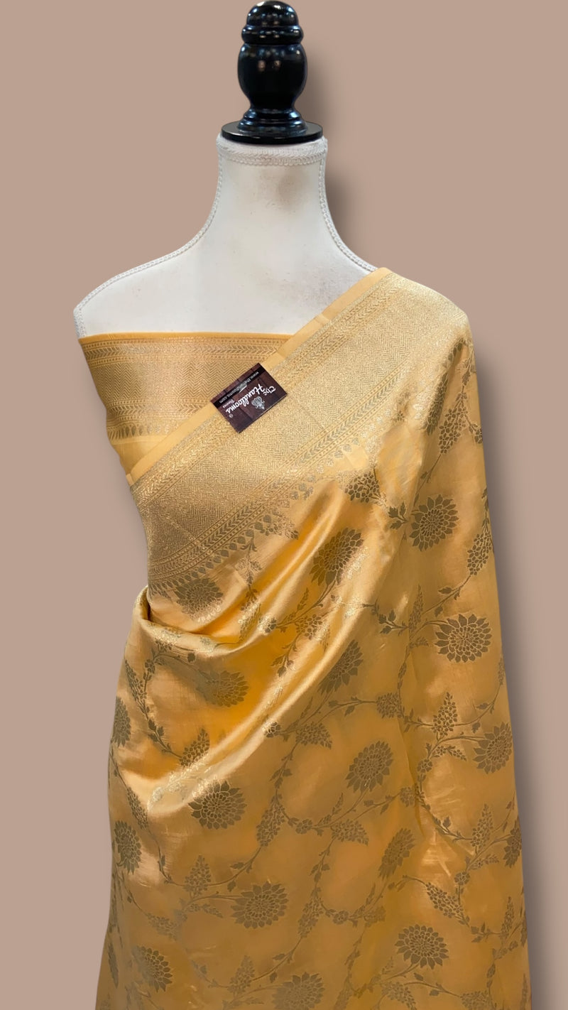 Creamy Gold Pure Chiniya Silk Khaddi Handloom Banarasi Saree - The Handlooms