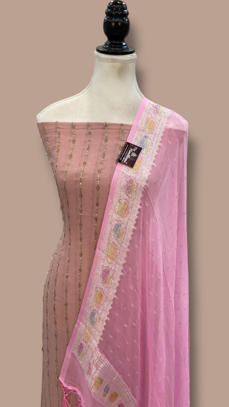 Georgette Handwork Suit with Khaddi Chiffon Dupatta & Pure Crepe Silk Bottom - The Handlooms