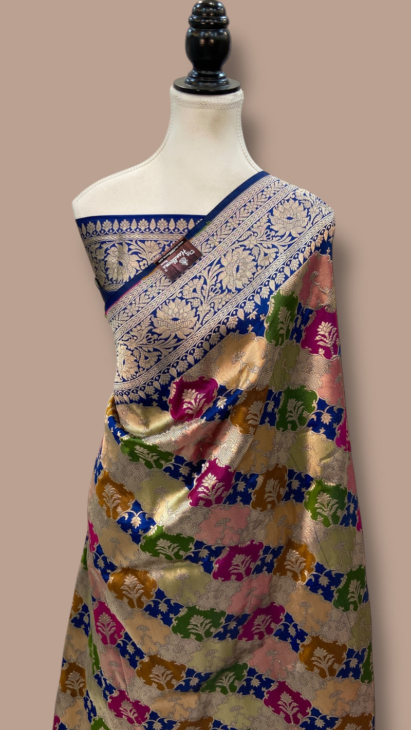 Multicolor Pure Katan Silk Banarasi Handloom Saree - All over Jaal Work With Rangkart - The Handlooms