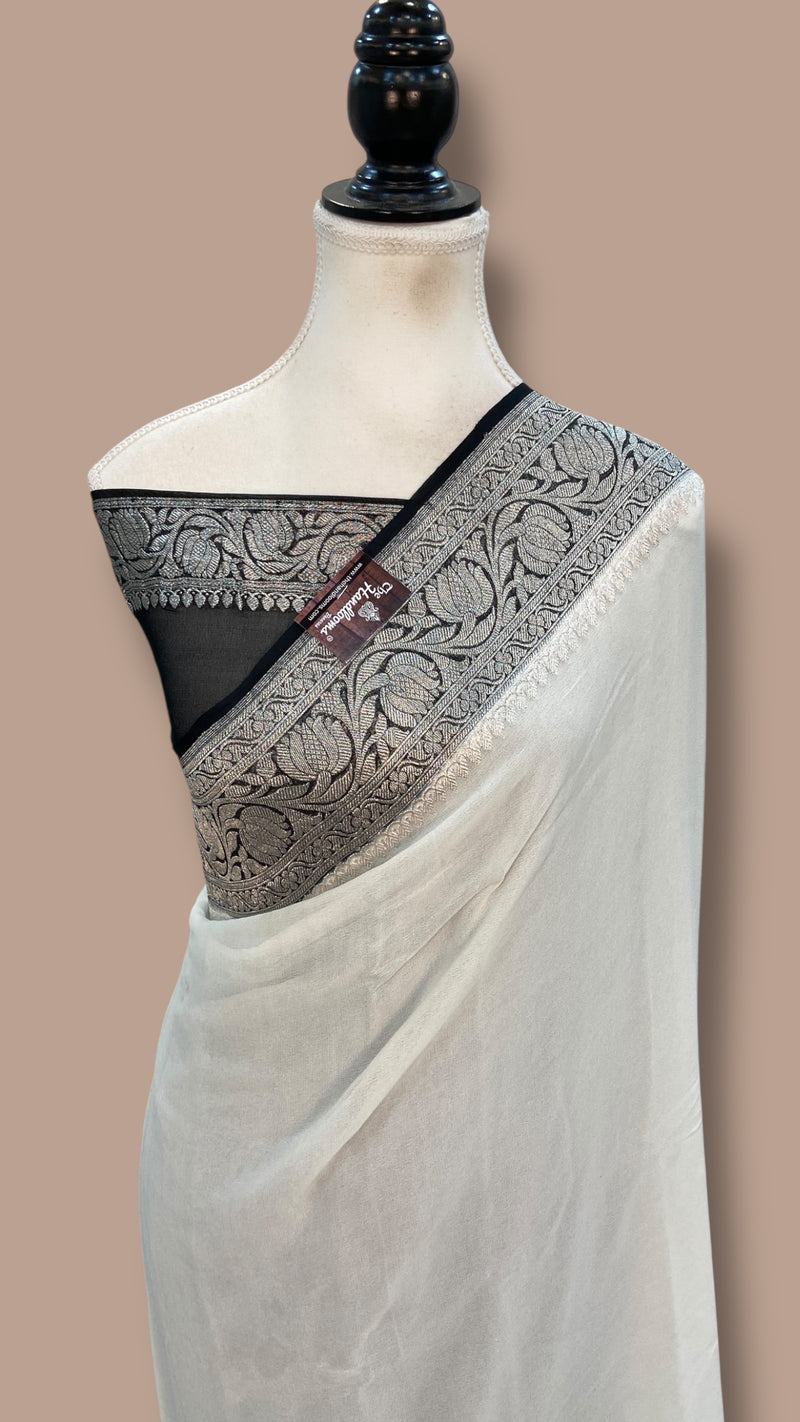 White With Black Pure Georgette Banarasi Handloom Saree - The Handlooms