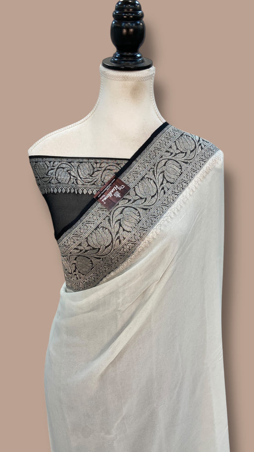 White With Black Pure Georgette Banarasi Handloom Saree - The Handlooms