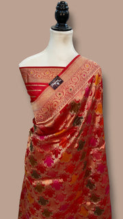 Multicolor Pure Katan Silk Banarasi Handloom Saree - All over Jaal Work With Rangkart - The Handlooms
