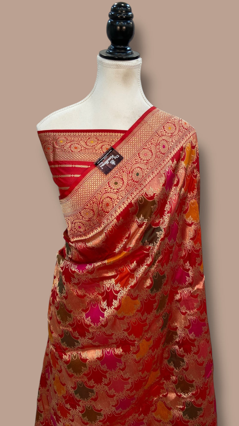 Multicolor Pure Katan Silk Banarasi Handloom Saree - All over Jaal Work With Rangkart - The Handlooms