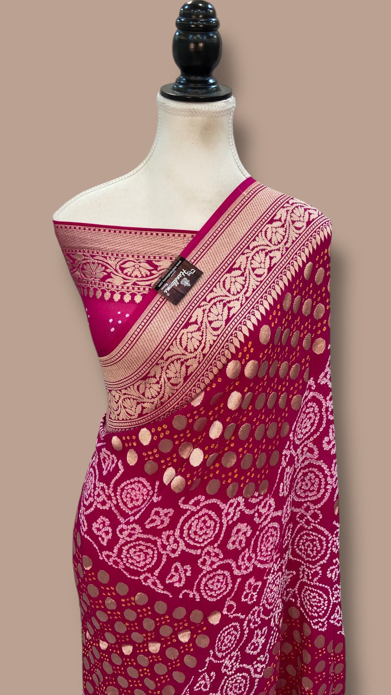 Pure Georgette Banarasi Bandhej Handloom Saree - Water Zari - The Handlooms