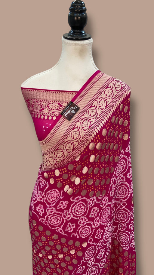 Pure Georgette Banarasi Bandhej Handloom Saree - Water Zari - The Handlooms