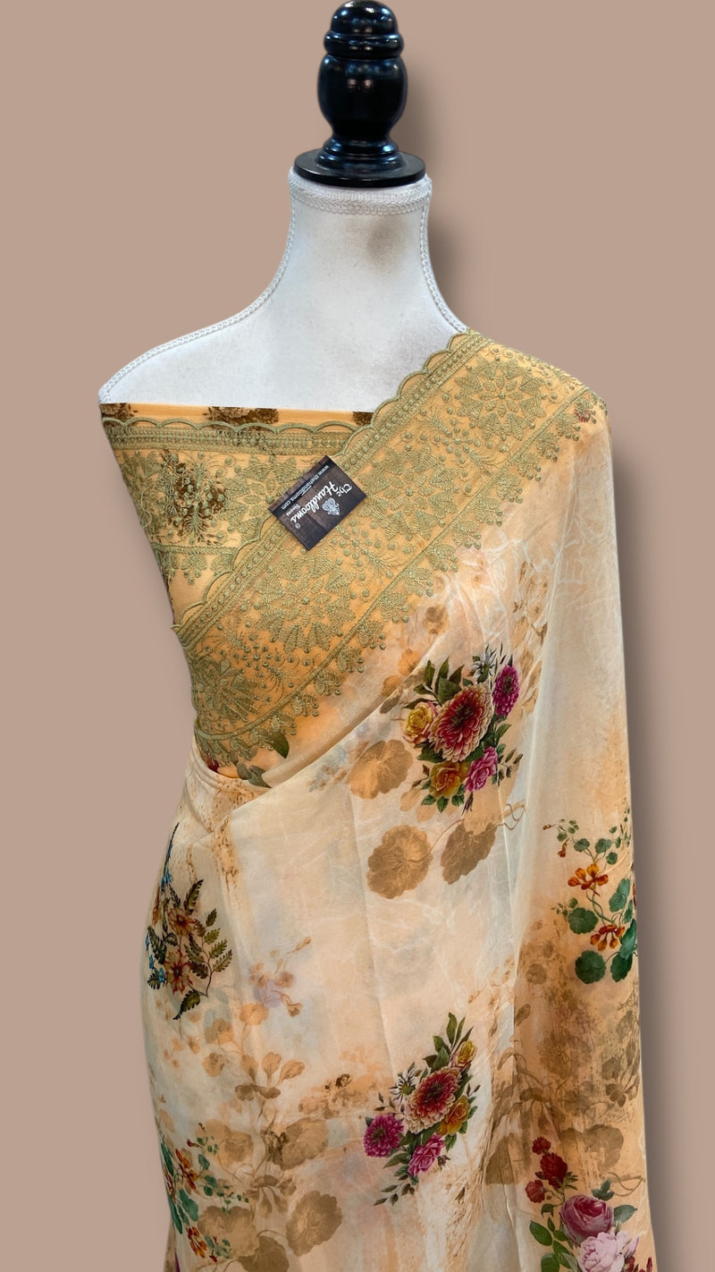 Pure Georgette Handloom Banarasi Saree - Digital Print With Chikankari - The Handlooms