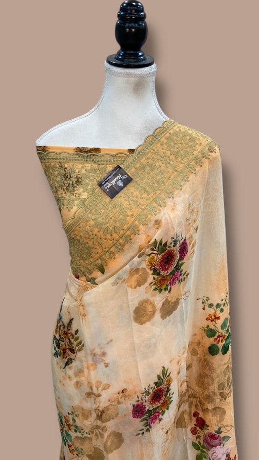 Pure Georgette Handloom Banarasi Saree - Digital Print With Chikankari - The Handlooms