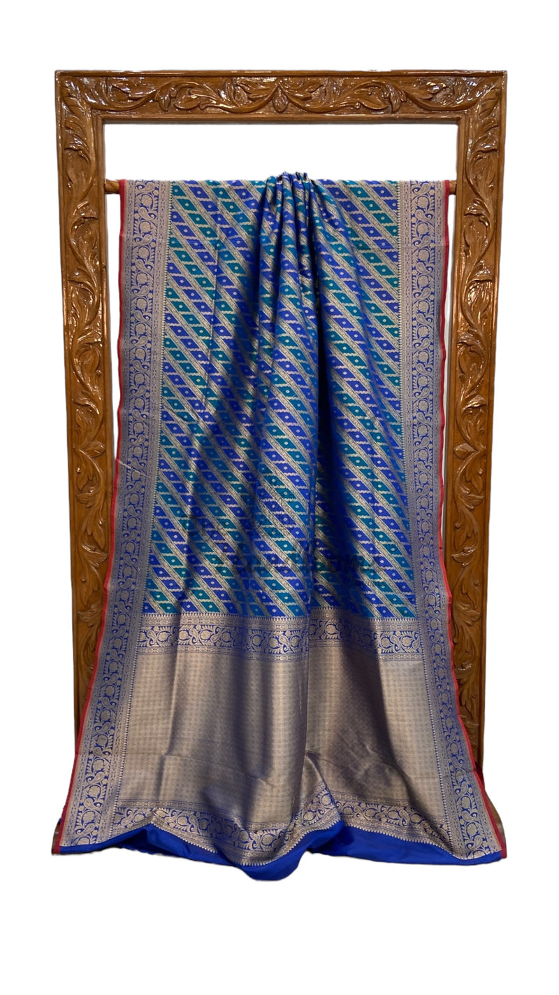 Multicolor Pure Katan Silk Banarasi Handloom Saree - All over Jaal Work With Rangkart