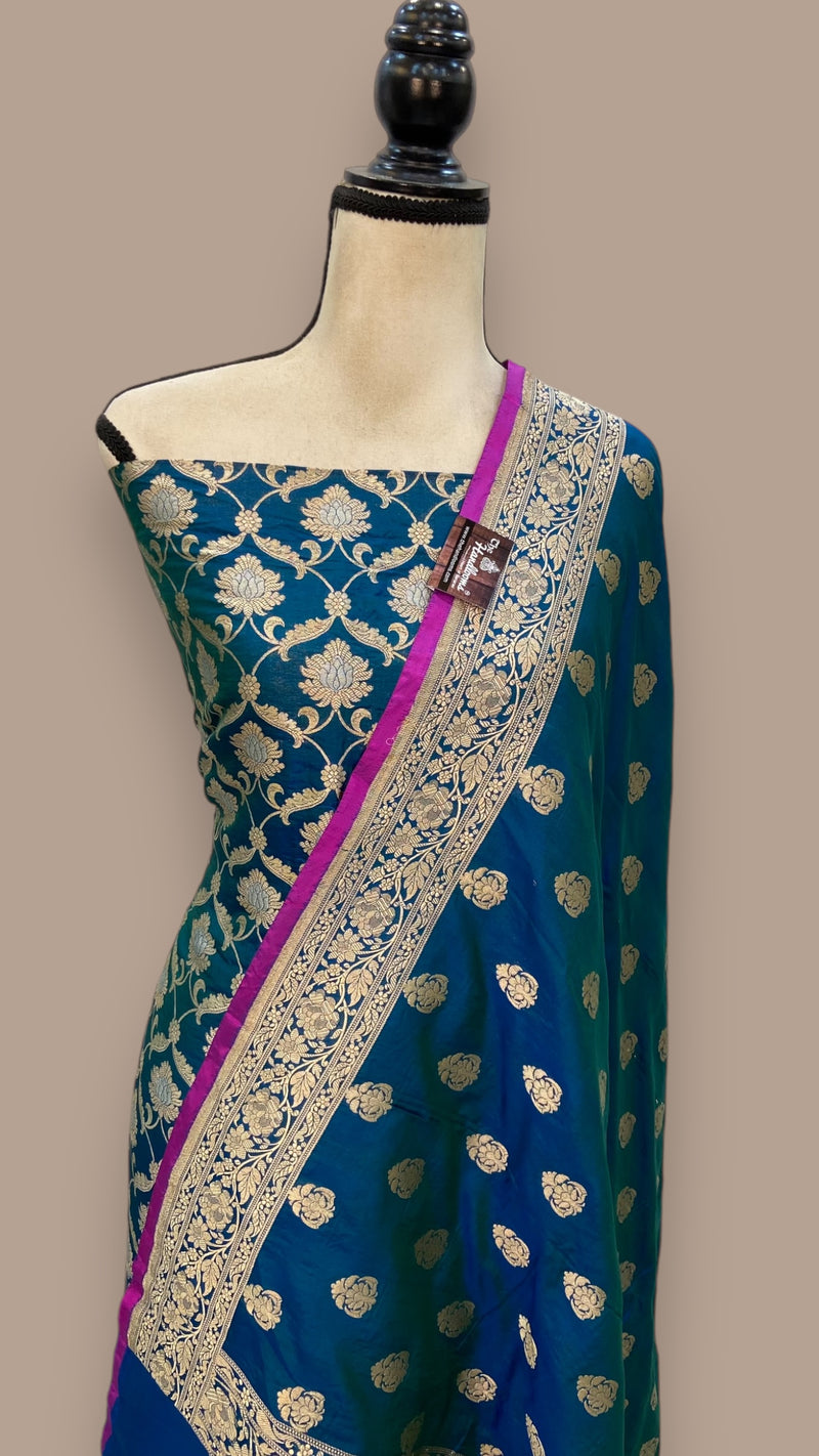 German Blue Pure Katan Silk Handlooms Banarasi Dress material all over sona roopa - The Handlooms