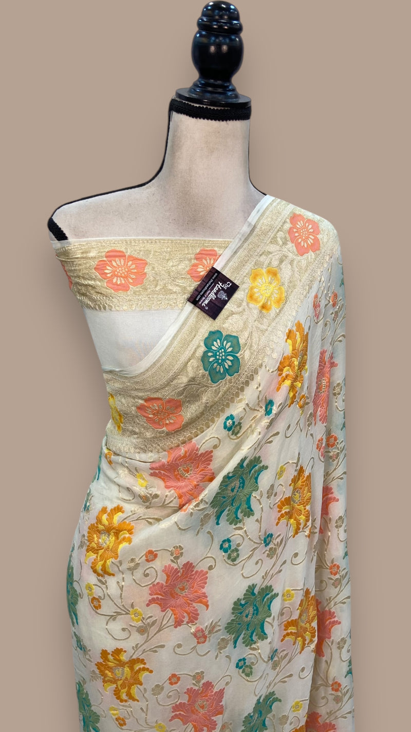 Pure Khaddi Georgette Handloom Banarasi Saree - All over Jaal Work With Meenakari - The Handlooms