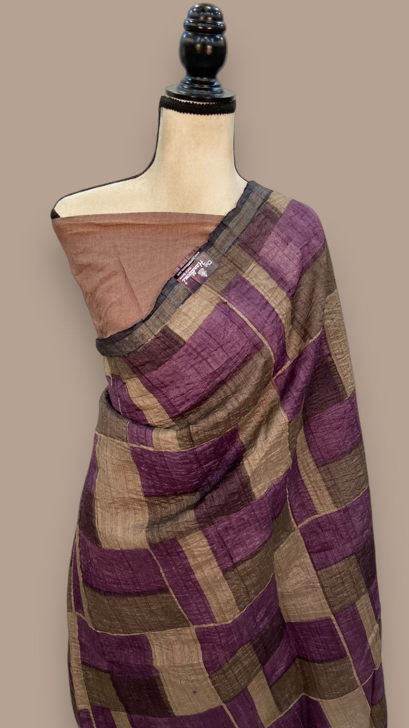 Pure Tussar Silk Handloom Banarasi Saree With Handprints - The Handlooms