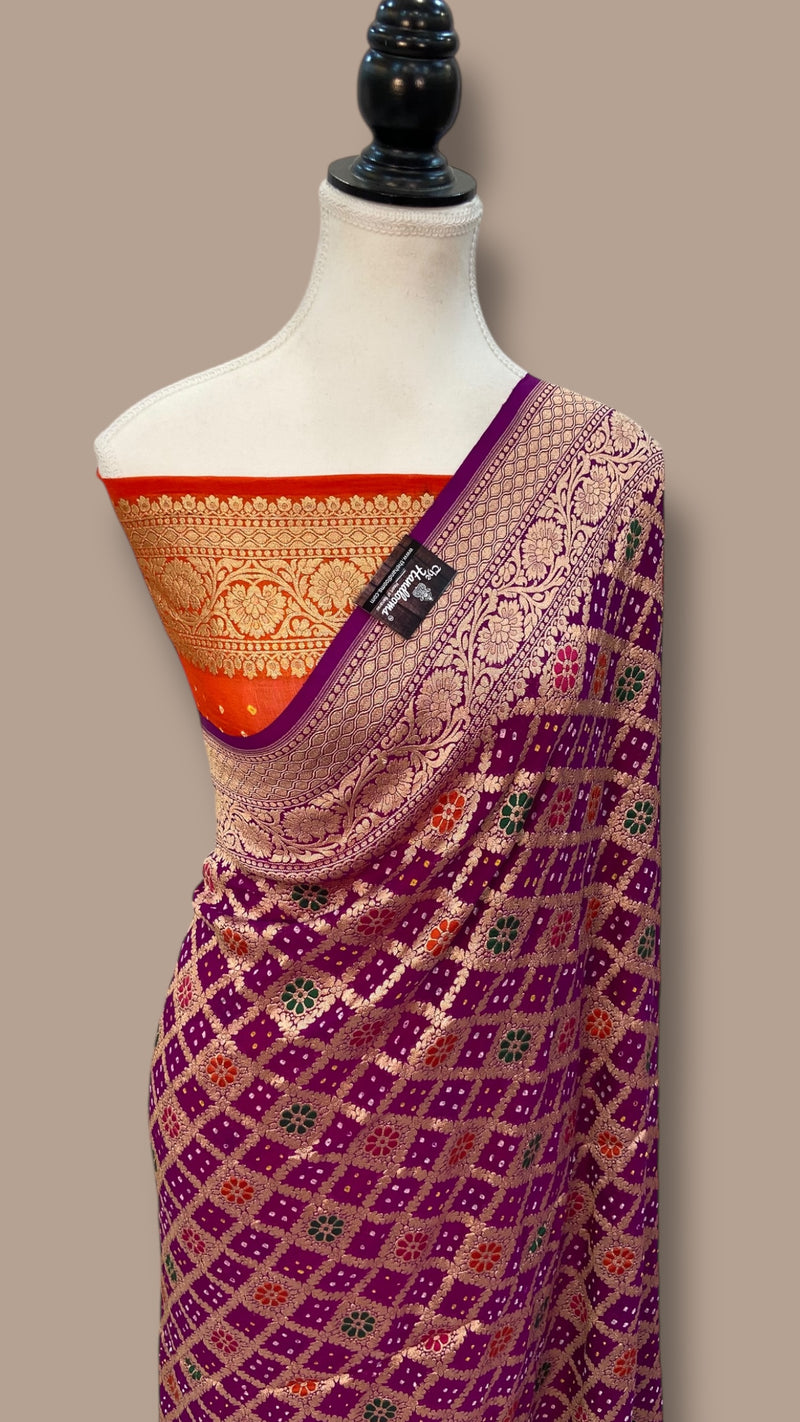 Pure Georgette Banarasi Bandhej Handloom Saree - with meenakari work - The Handlooms