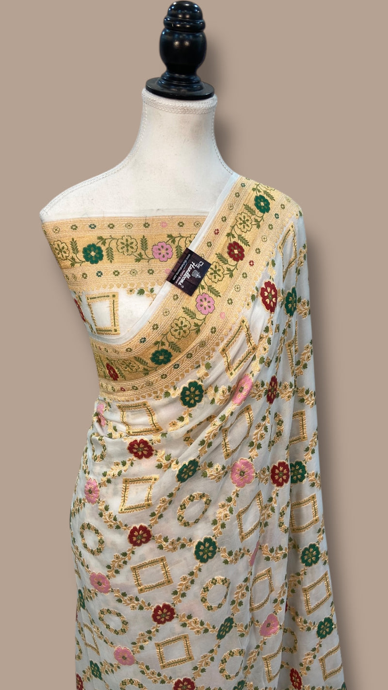 Pure Georgette Banarasi Handloom Saree - with meenakari work Gold Zari - The Handlooms