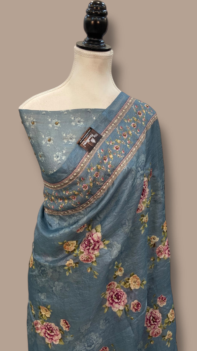 Pure Silk Handloom Banarasi Saree with Digital Print and Handwork - The Handlooms