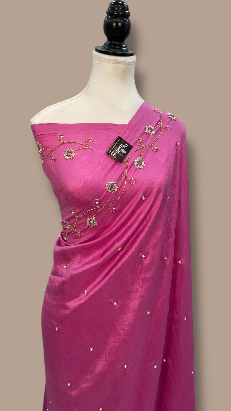 Pure katan Silk Handloom Banarasi Saree with Handwork: Zardozi, Diamond Chain, Katdana, and Abla Detailing - The Handlooms