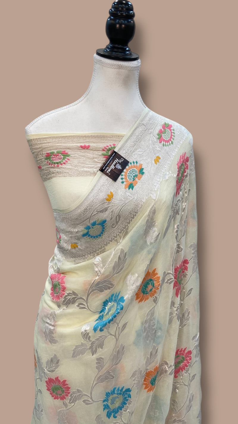 Pure Khaddi Georgette Handloom Banarasi Saree - All over Jaal Work With Meenakari - The Handlooms