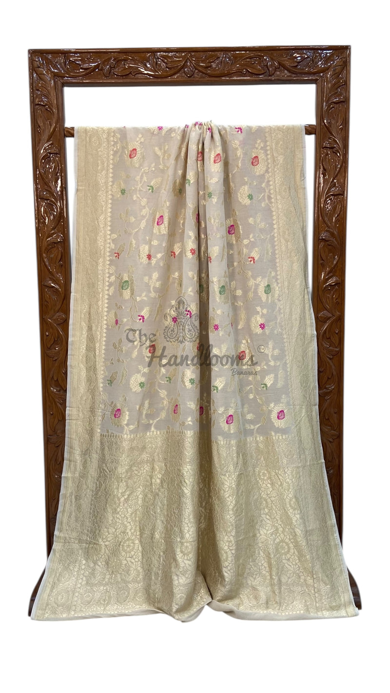 Pure Tussar Georgette Handloom Banarasi Saree - All over Jaal Work with meenakari - The Handlooms