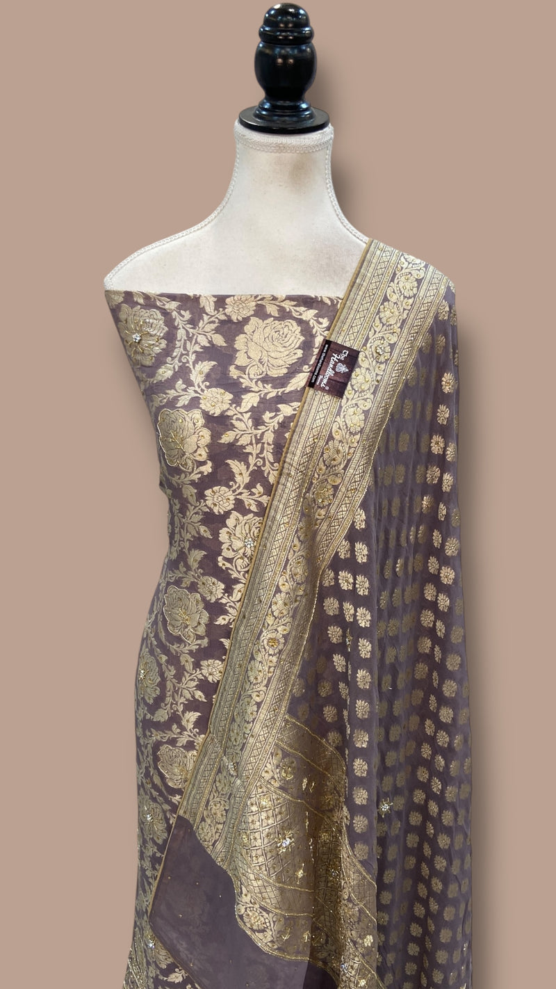 Pure Khaddi Georgette Handloom Banarasi Dress Material With Katdana,Zardozi,Stone,Diamond,Dapka - The Handlooms