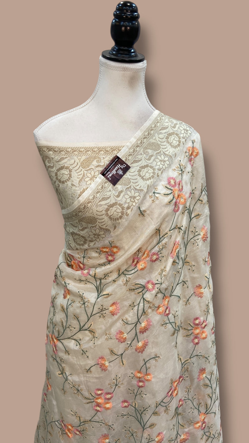Tussar Silk Handloom Banarasi Saree With Chikankari - The Handlooms