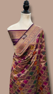 Multicolor Pure Katan Silk Banarasi Handloom Saree - All over Jaal Work With Rangkart - The Handlooms