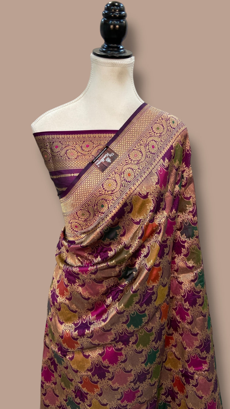 Multicolor Pure Katan Silk Banarasi Handloom Saree - All over Jaal Work With Rangkart - The Handlooms