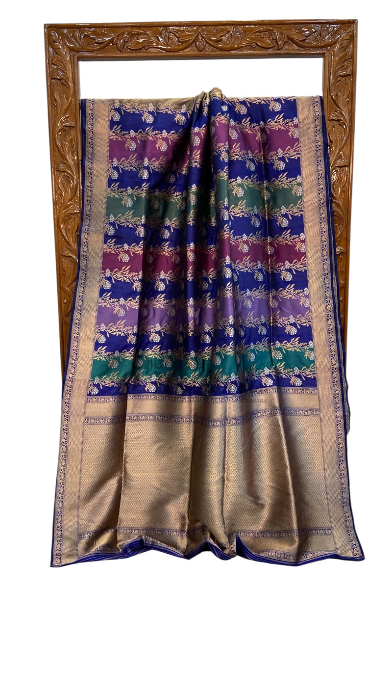 Multicolor Pure Katan Silk Banarasi Handloom Saree - All over Jaal Work With Rangkart - The Handlooms
