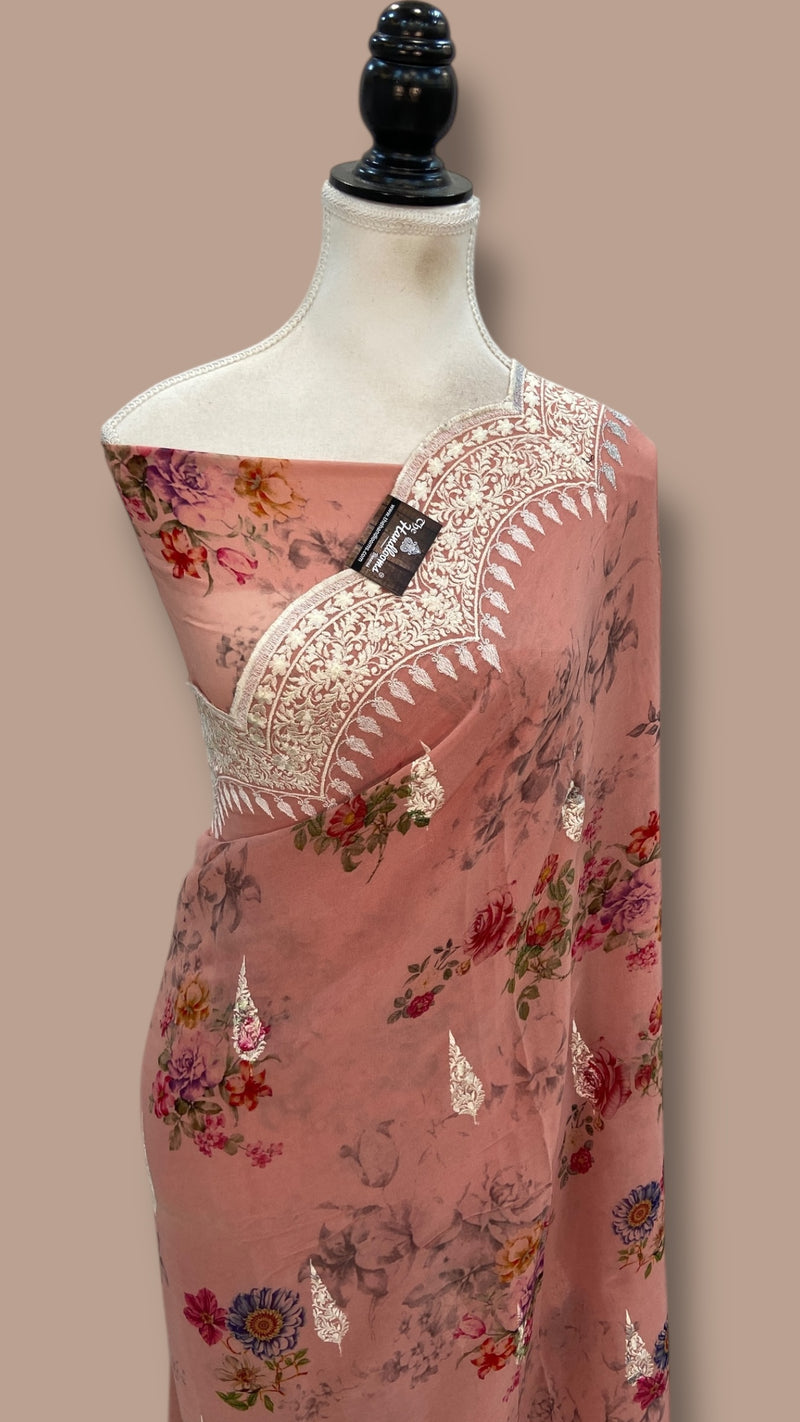 Pure Georgette Handloom Banarasi Saree - Digital Print With Chikankari