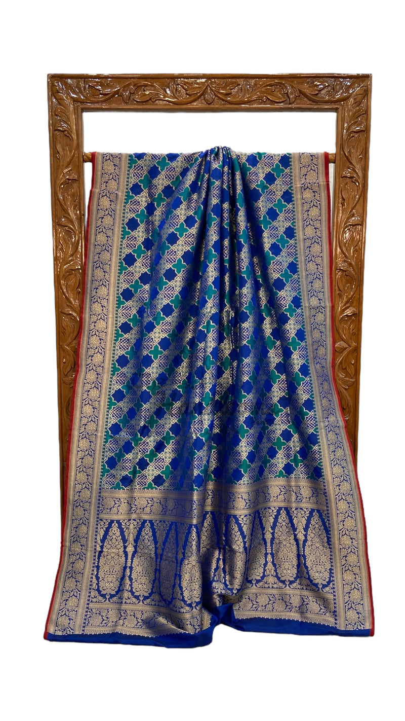 Multicolor Pure Katan Silk Banarasi Handloom Saree - All over Jaal Work With Rangkart
